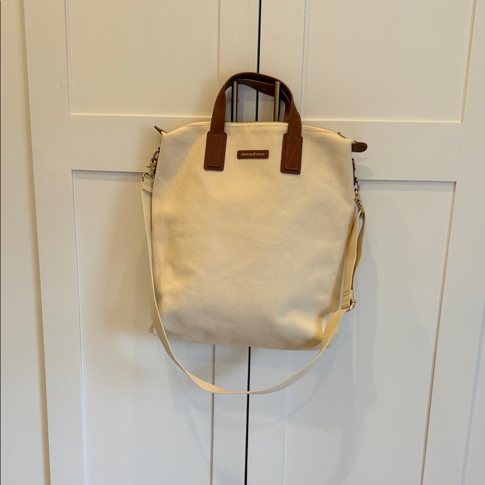 Vineyard Vines Cream Tote with Brown Handles - 
17" x 16"- pleather handles